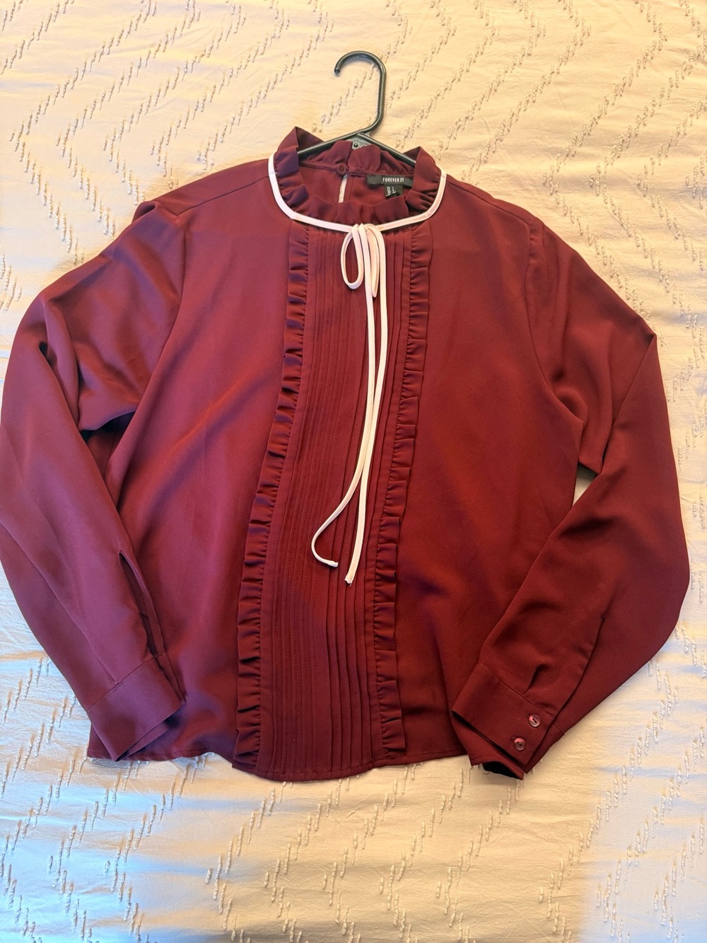 Forever 21 Burgundy Ruffle-Front Blouse with Contrast Pink Tie